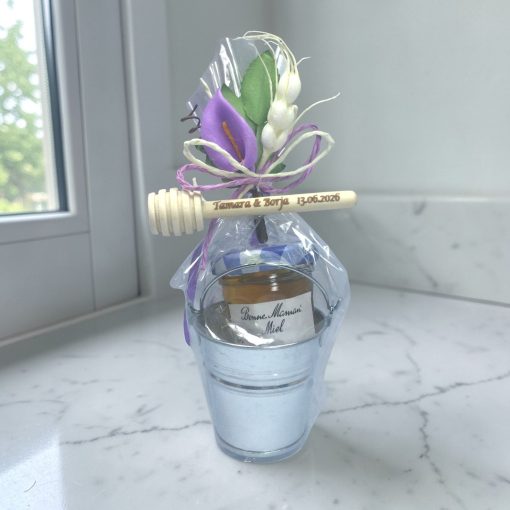CUBO METAL MINI CON MIEL Y PALO CATADOR DECORADO